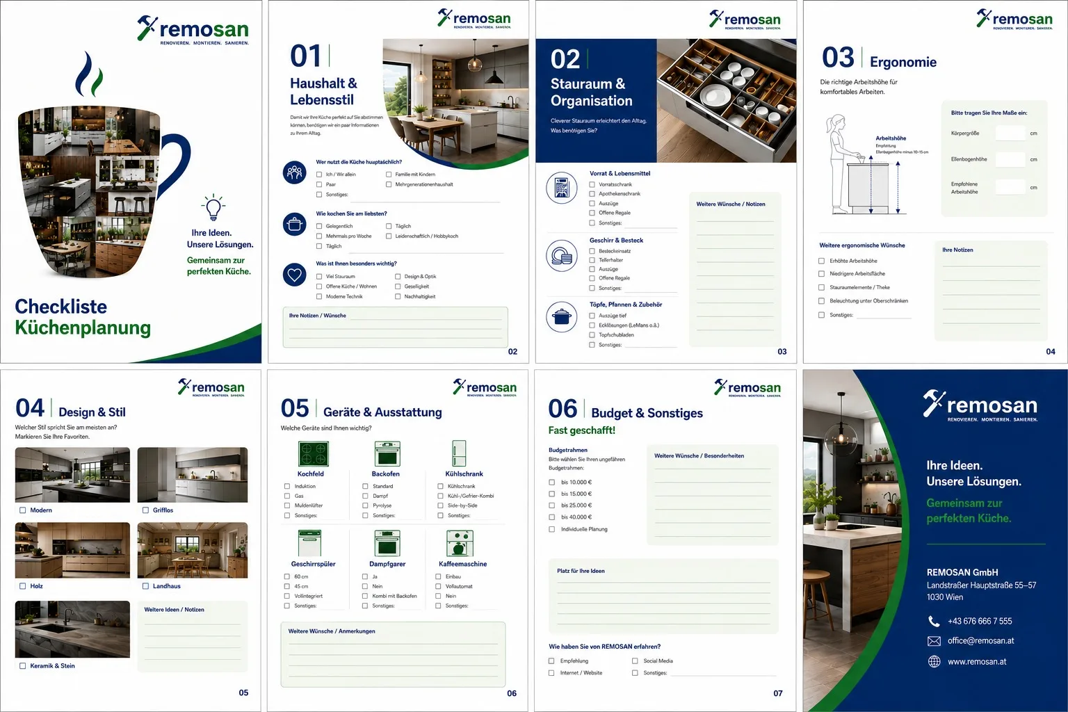 Seiten der REMOSAN Checkliste Küchenplanung: Haushalt und Lebensstil, Stauraum, Ergonomie, Design, Geräte sowie Budget